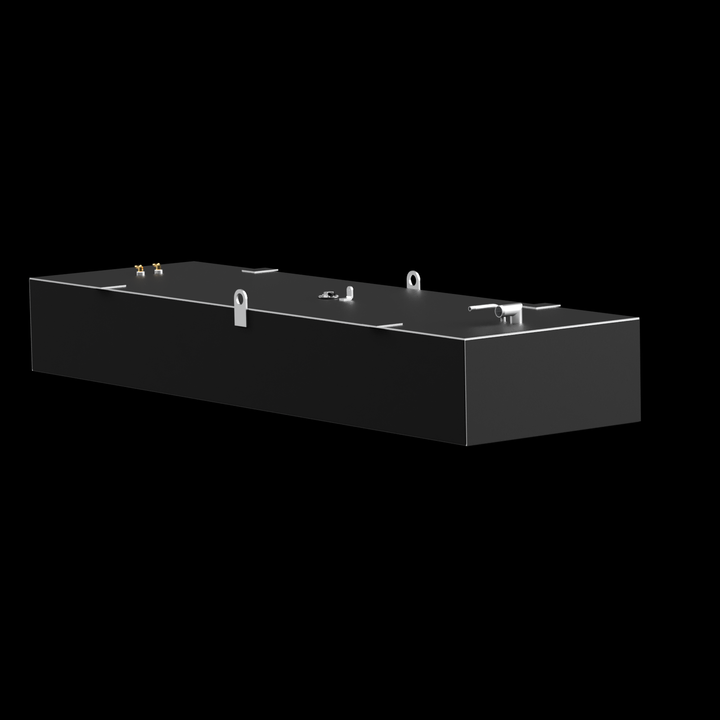 A dark grey, elongated rectangular fuel tank with a slightly lighter grey top surface and white trim lines along the top edges, against a solid black background. The top of the tank features various golden-colored and silver fittings, including small valves, a circular cap, and two D-rings. There are also small, dark grey, L-shaped brackets around the edges of the top surface
