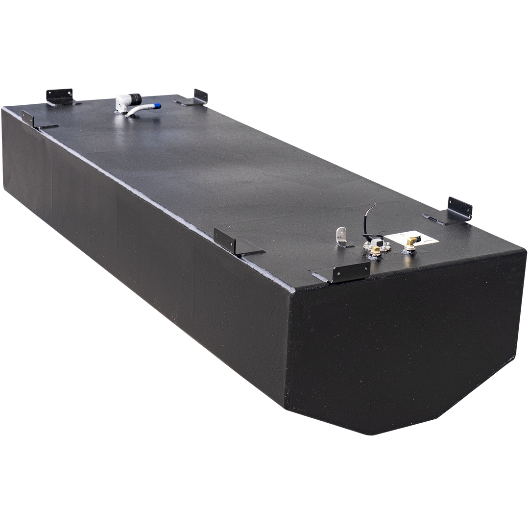 A black, rectangular fuel tank with various fittings on its top surface