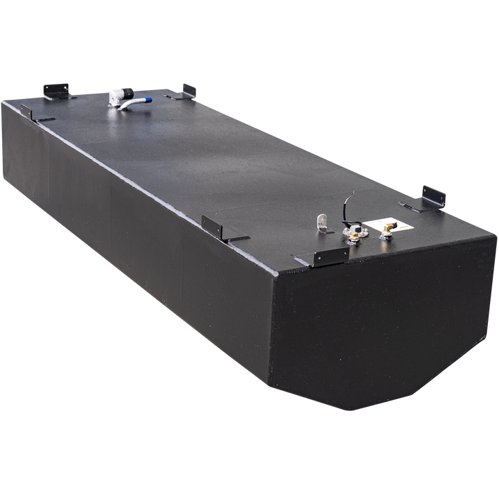 A black, rectangular fuel tank with various fittings on its top surface
