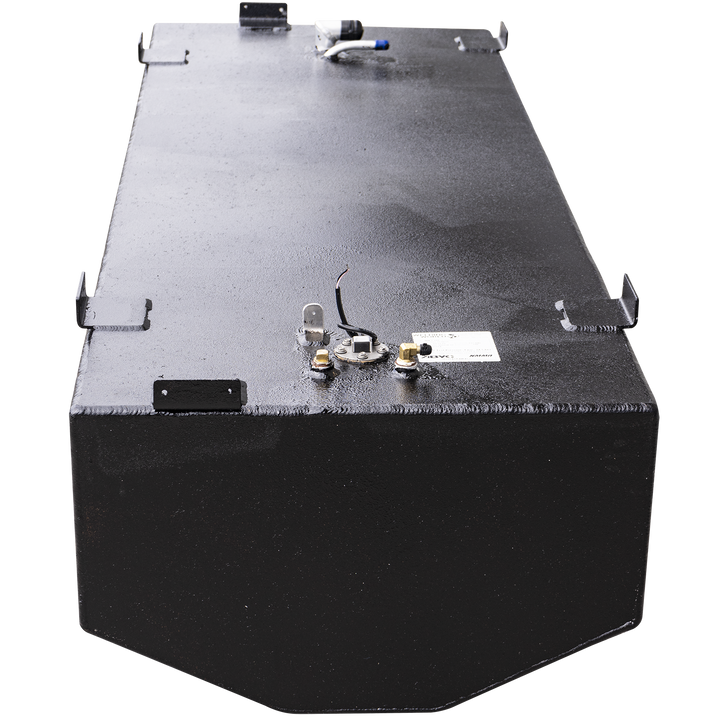  A black, rectangular fuel tank with various fittings on its top surface, designed as an OEM replacement