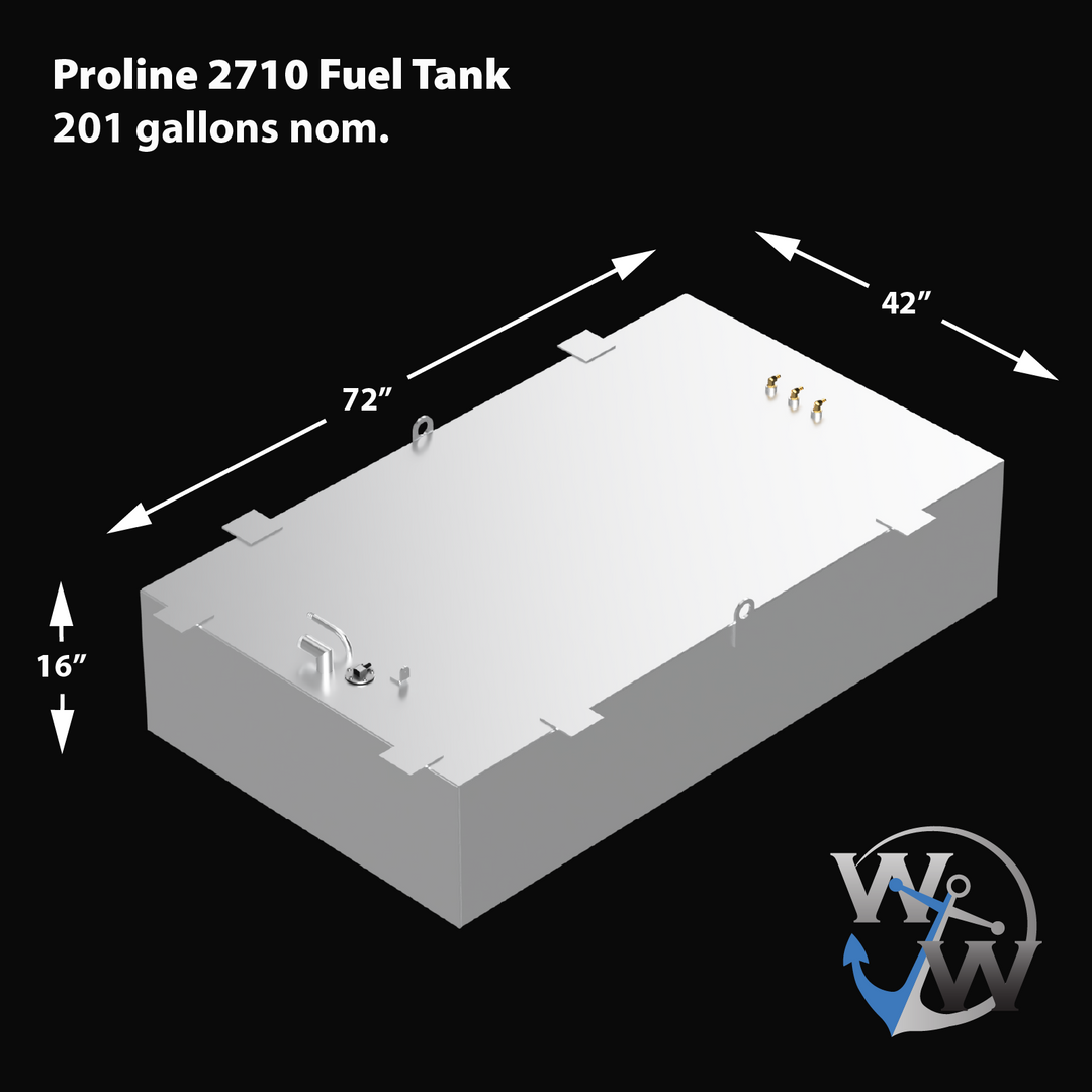 3D rendering of a Proline 2710 Fuel Tank (201 gallons nominal) with dimensions labeled: 72 inches in length, 42 inches in width, and 16 inches in height. The tank features top-mounted fittings and welded mounting tabs, shown in a white finish with Welding World logo in the corner