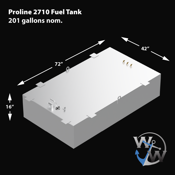 3D rendering of a Proline 2710 Fuel Tank (201 gallons nominal) with dimensions labeled: 72 inches in length, 42 inches in width, and 16 inches in height. The tank features top-mounted fittings and welded mounting tabs, shown in a white finish with Welding World logo in the corner