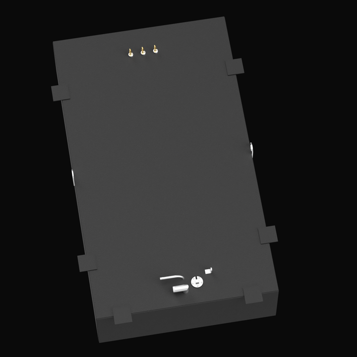 Top-down angled view of a black Proline 2710 OEM replacement fuel tank with a 201-gallon nominal capacity, showing three brass fittings at the top, fill and vent ports with pickup fitting near the bottom, and multiple mounting tabs along the tank edges, displayed on a black background