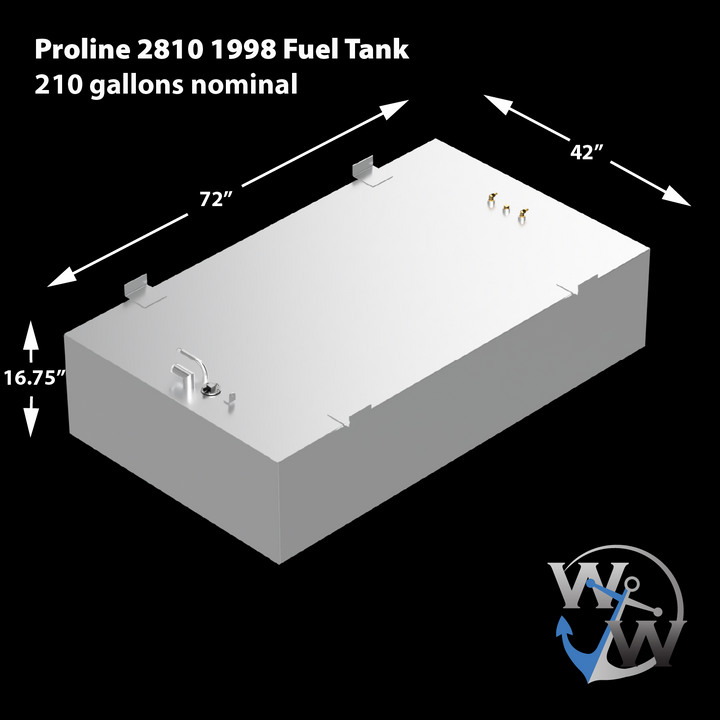 A 3D rendering of a light-grey fuel tank for a Proline 2810 1998 model, with a nominal capacity of 210 gallons. The tank is rectangular with cutouts along its top edges, and features dimensions of 72 inches in length, 42 inches in width, and 16.75 inches in height. Various metallic fittings, including a silver pipe and multiple brass-colored connectors, are visible on its top surface