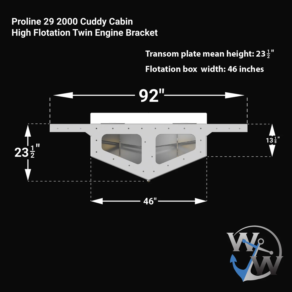 Diagram of the Proline 29' 2000 Cuddy Cabin High Flotation Twin Engine Bracket, featuring dimensions: transom plate mean height of 23 1/2 inches, flotation box width of 46 inches, and overall width of 92 inches