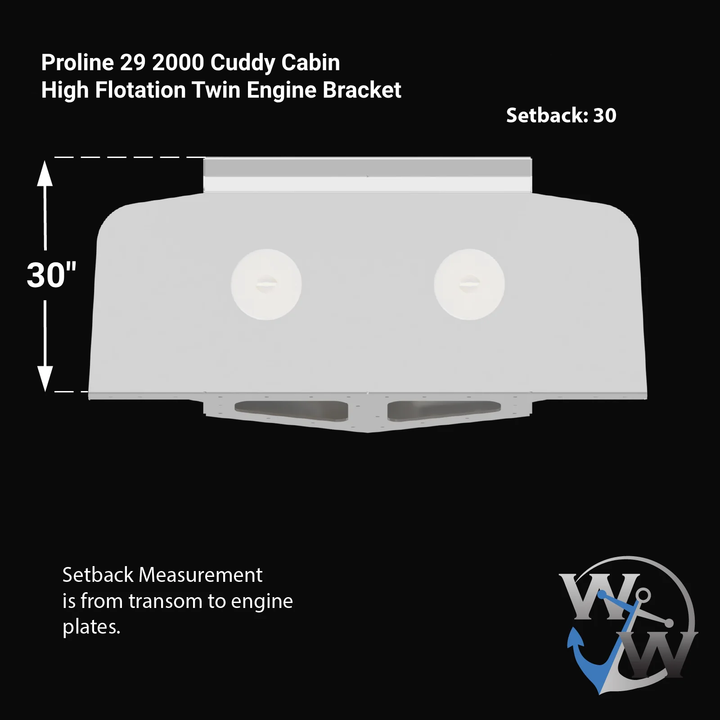 Diagram of the Proline 29' 2000 Cuddy Cabin High Flotation Twin Engine Bracket, featuring a silhouette of the bracket with dimensions labeled. The setback measurement of 30 inches is indicated, showing the distance from the transom to the engine plates