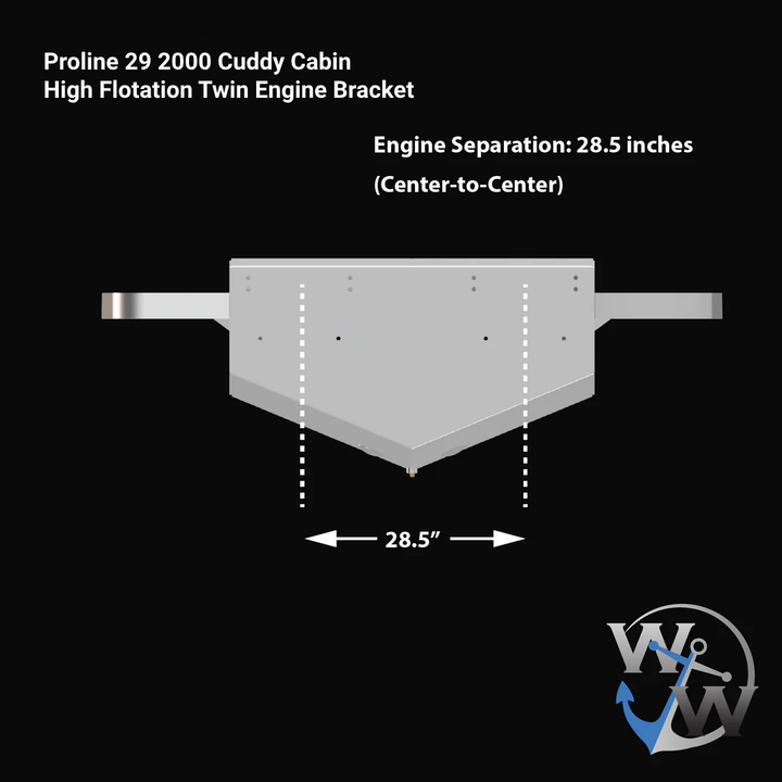 Diagram of a Proline 29' 2000 Cuddy Cabin High Flotation Twin Engine Bracket, featuring a top-down view with dimensions indicating an engine separation of 28.5 inches (center-to-center). The bracket is designed for mounting twin engines