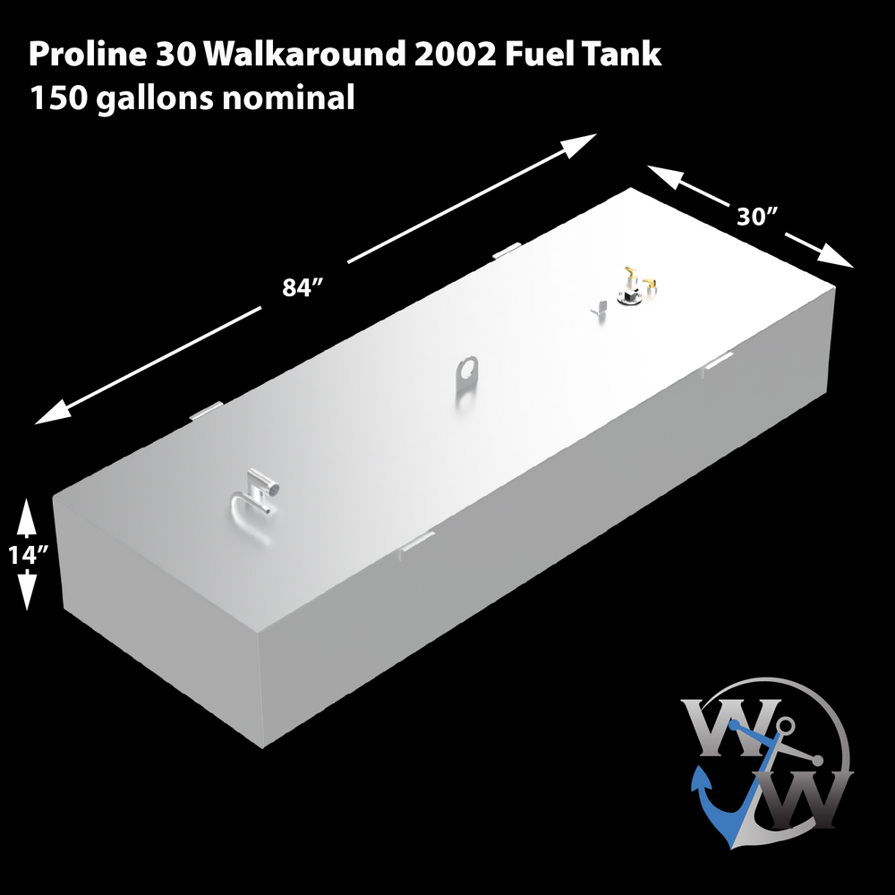 Proline 30 Walkaround 2002 Fuel Tank, 150 gallons nominal. The image shows a light grey, rectangular fuel tank with specified dimensions: 84 inches long, 30 inches wide, and 14 inches high. Various fittings are visible on the top surface, including golden-colored valves, a circular cap, an L-shaped pipe, and a D-ring. A "W W" logo with an anchor is present in the bottom right corner