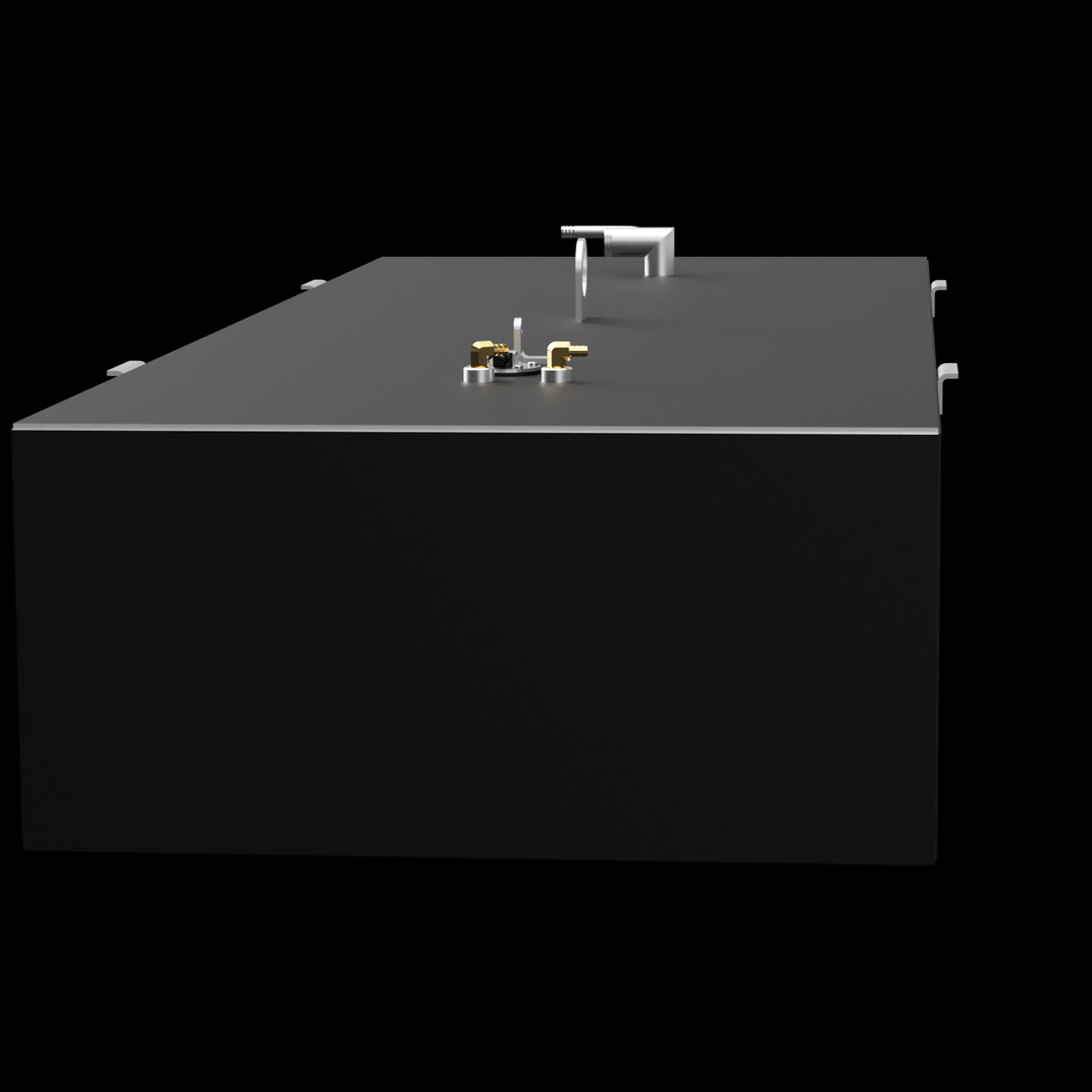 A dark grey, rectangular object with a slightly lighter grey top surface and thin white lines outlining its edges, against a black background with subtle white dots. Various small golden and silver-colored fittings, including a circular element and an L-shaped pipe, are visible on the top surface. There are also small white brackets along the edges of the top surface