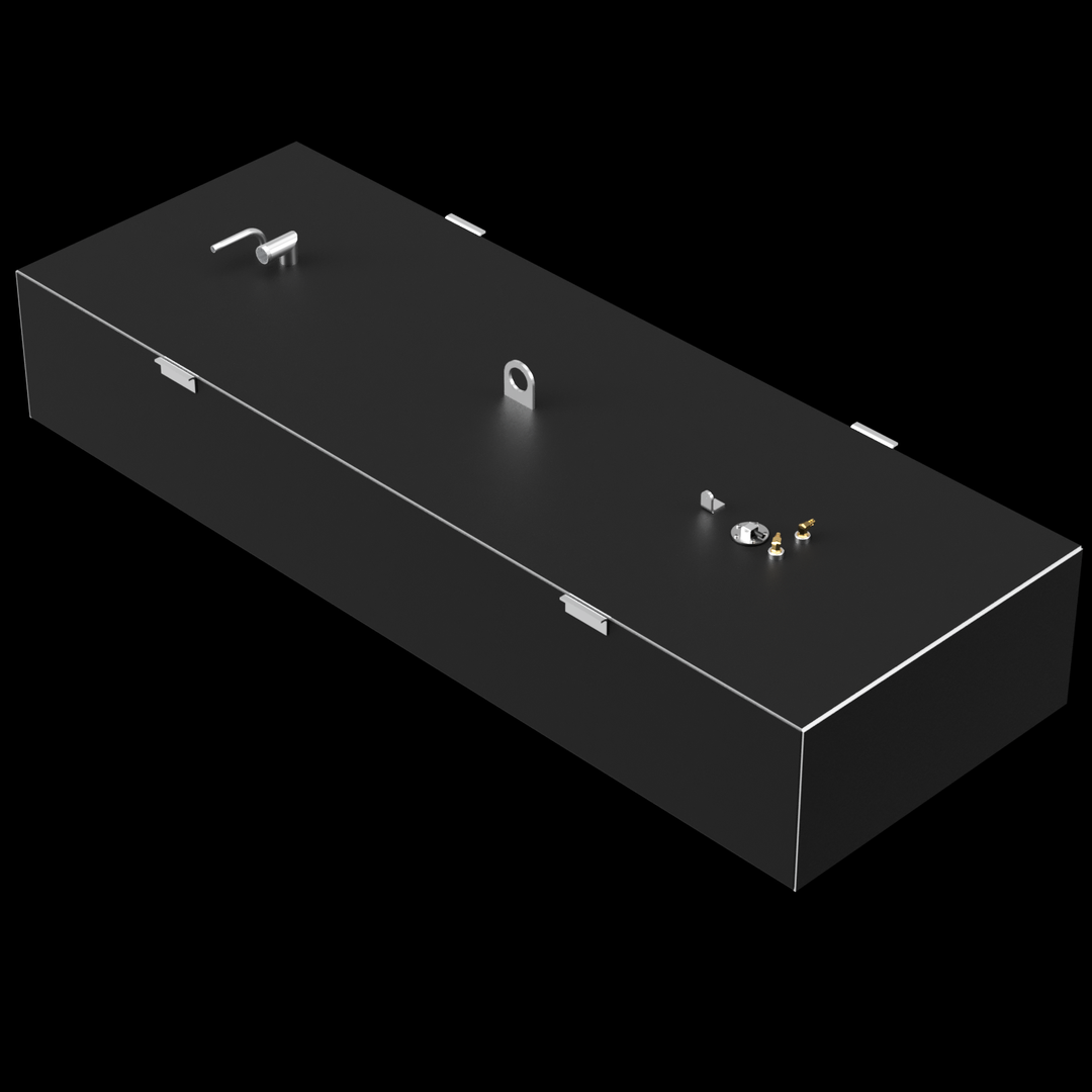 A dark grey, elongated rectangular fuel tank with various golden and silver-colored fittings on its top surface, including pipes, valves, and a large D-ring. Small, white, rectangular brackets are also visible along the edges of the top surface. The tank is positioned at an angle against a black background
