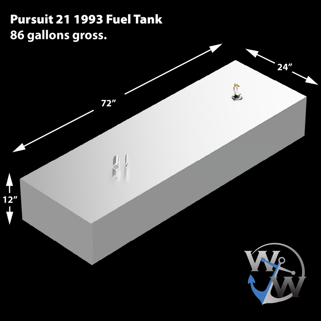 OEM-style aluminum replacement fuel tank designed for the 1993 Pursuit 21, with a gross capacity of 86 gallons. Dimensions are precisely labeled: 72″ length × 24″ width × 12″ height. Graphic includes “WW” anchor-logo branding and visible top-mounted fittings for fill and return/vent lines. Schematic serves as a reference for layout validation, cavity fitment, and system integration checks
