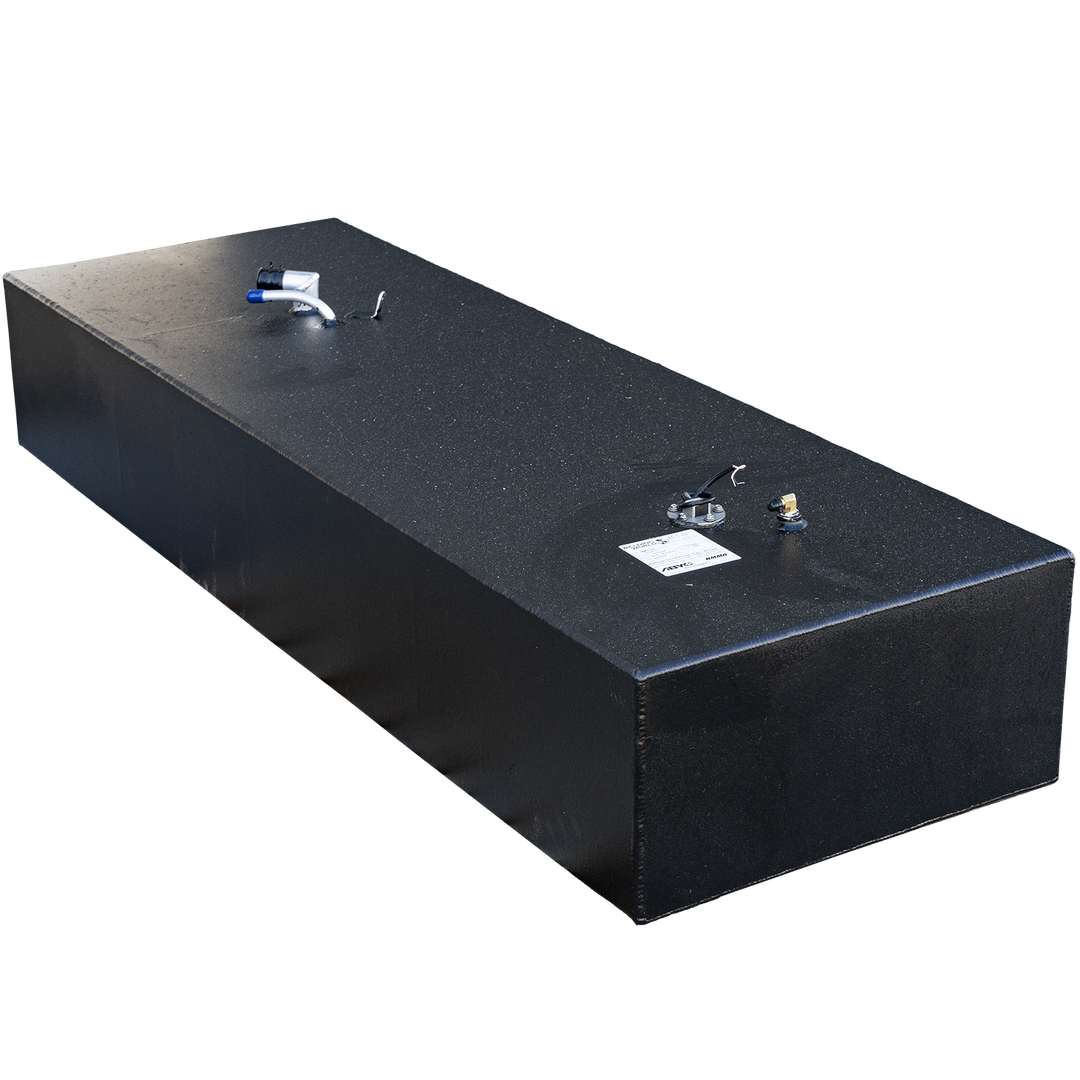 Custom 82-gallon gross capacity aluminum fuel tank built for 1993 Pursuit 21. Features black powder-coated finish with rectangular geometry for optimal fit within the original cavity. Top-mounted hardware includes blue-handled shutoff valve, multi-port brass fitting, and capped sender unit, arranged for OEM hose routing compatibility. Affixed compliance label confirms marine-grade construction and regulatory certification