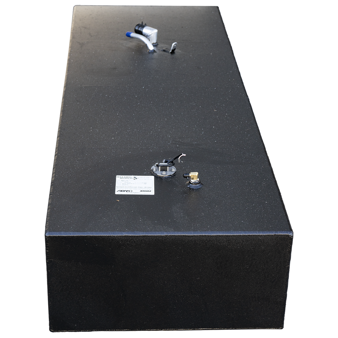 Black rectangular aluminum fuel tank with top-mounted fittings, designed specifically for diesel fuel applications. Prominently affixed warning label states that the tank is not to be used with gasoline or other flammable liquids. Topside layout includes threaded ports and electrical sender connection, all arranged for integration into marine or industrial systems. Label underscores compliance with ABYC guidelines and highlights critical safety messaging
