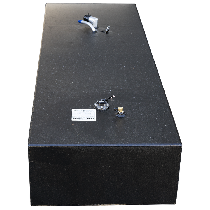 Black rectangular aluminum fuel tank with top-mounted fittings, designed specifically for diesel fuel applications. Prominently affixed warning label states that the tank is not to be used with gasoline or other flammable liquids. Topside layout includes threaded ports and electrical sender connection, all arranged for integration into marine or industrial systems. Label underscores compliance with ABYC guidelines and highlights critical safety messaging