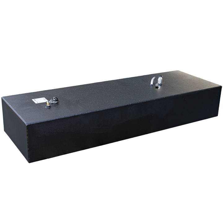 Black aluminum rectangular fuel tank with top-mounted dual hose connection setup, designed for integrated fluid routing. Two flexible hoses are securely attached to threaded fittings at the right end, likely for fuel feed and return lines. Affixed label on the left side confirms manufacturing traceability, while the clean matte finish and port alignment signal install readiness and system compatibility
