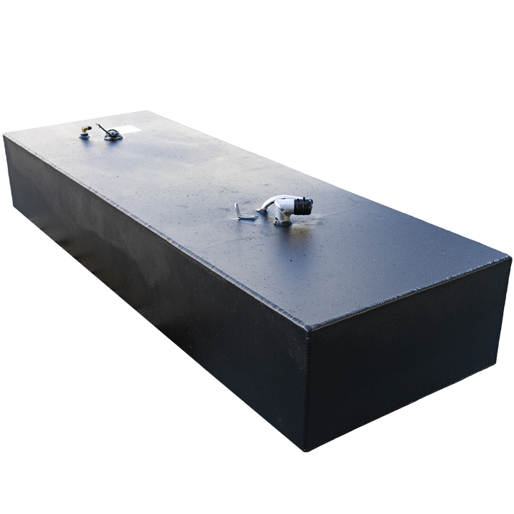Isolated black aluminum fuel tank with rectangular geometry, showing top-mounted hardware for fluid routing. Fittings include a capped valve with attached white hose and a secondary capped port alongside a yellow sensor or shutoff component. Tank surface is clean and corrosion-resistant, optimized for pressure-regulated fuel or fluid systems. Transparent background suggests use in a catalog, schematic, or digital asset library