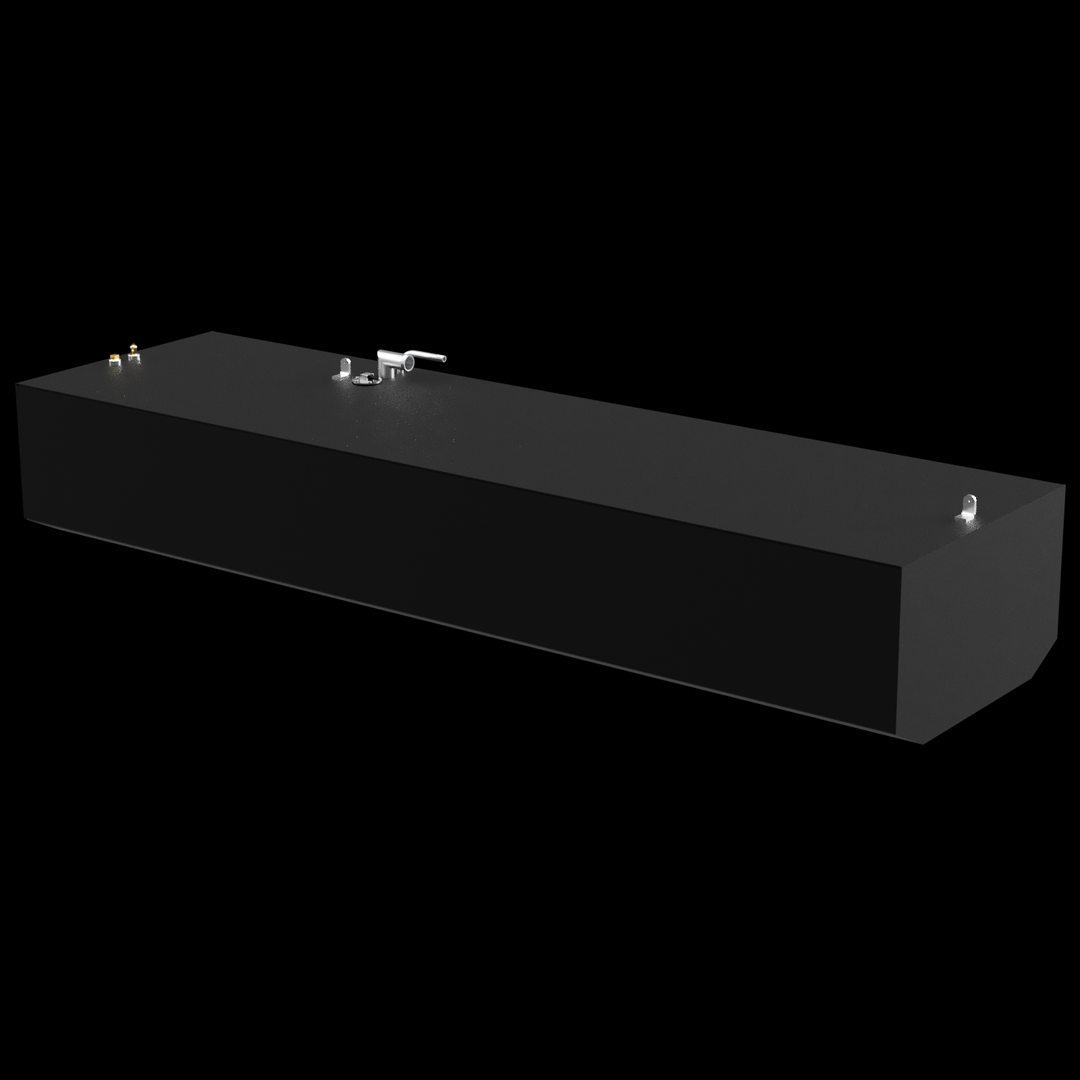 A long rectangular black marine fuel tank shown in a three-quarter angled top view on a black background. The tank features a flat top surface with several small metal fittings near one end and one mounting tab near the opposite end. The edges of the tank are straight and clean, with a slightly beveled corner on the side closest to the viewer. The black background contrasts sharply with the tank, emphasizing its shape and the reflective metallic details on top