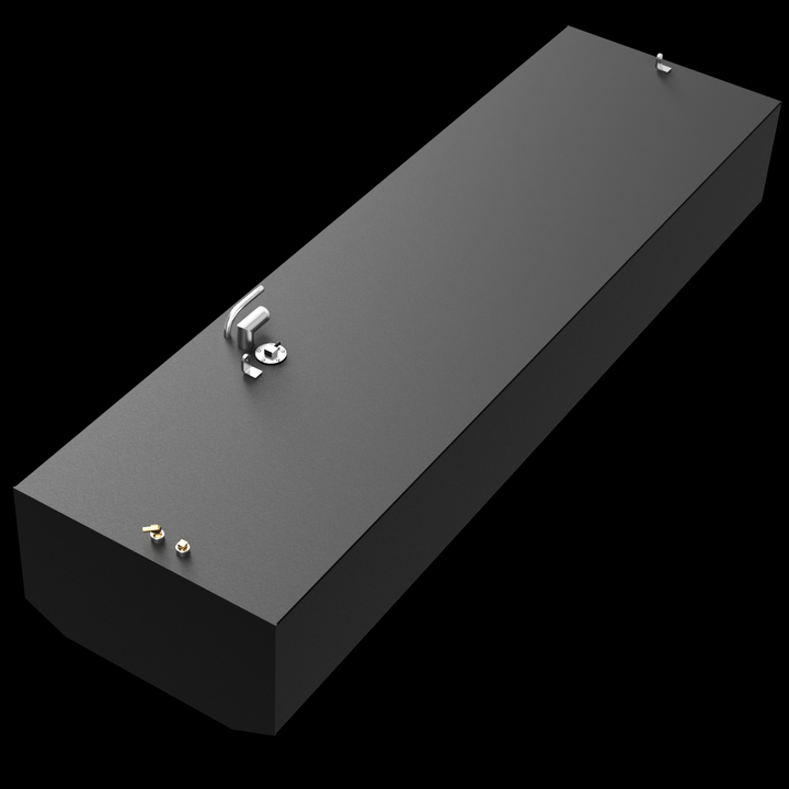 A rectangular marine fuel tank is shown from a three-quarter angled top view against a black background. The tank is black with a smooth matte finish and has straight, clean edges. On the top surface, there are several small metallic fittings and connectors clustered near one end, including a small circular plate with attached wiring and a bent metal tube. At the opposite end, two small brass fittings protrude near the edge. A single mounting tab extends upward near the far corner