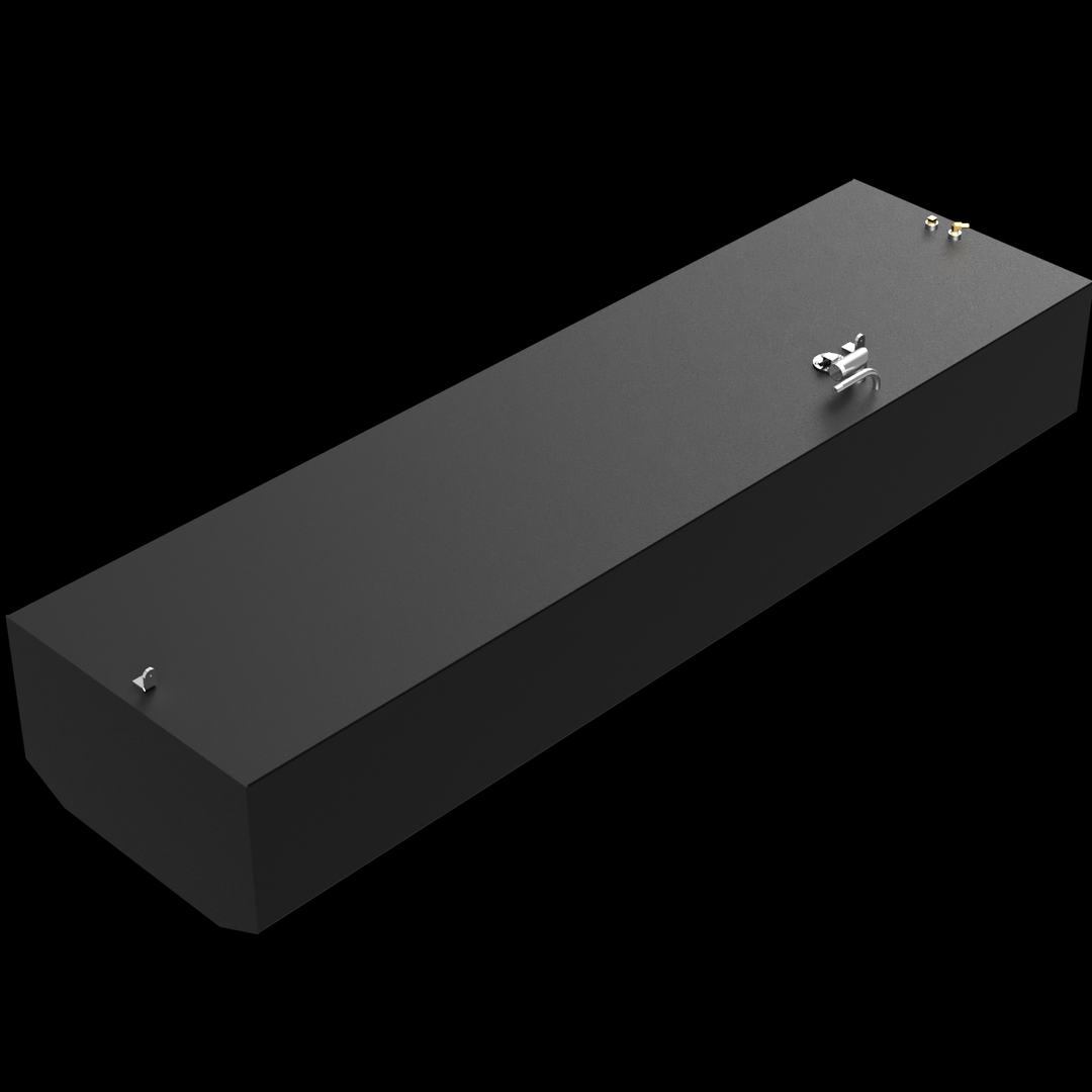 A black rectangular marine fuel tank with a matte finish is displayed from a diagonal top angle against a black background. The tank features mounting tabs along its edges and top. There are several metallic fittings on the top surface, including two brass connectors near one end and a bent silver pipe near the middle. The front edge is slightly beveled