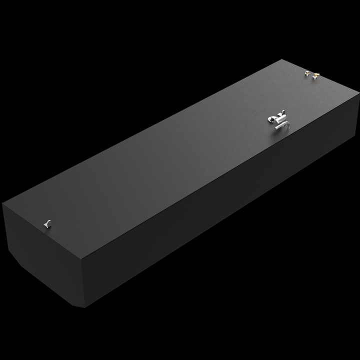 A black rectangular marine fuel tank with a matte finish is displayed from a diagonal top angle against a black background. The tank features mounting tabs along its edges and top. There are several metallic fittings on the top surface, including two brass connectors near one end and a bent silver pipe near the middle. The front edge is slightly beveled