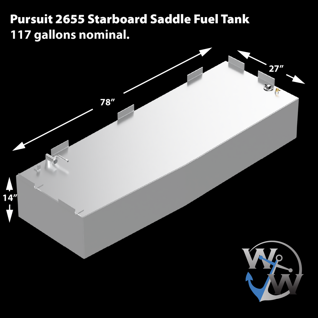 A light gray, rectangular fuel tank, labeled as the "Pursuit 2655 Starboard Saddle Fuel Tank" with a nominal capacity of 117 gallons, is displayed against a black background. White arrows and text indicate its dimensions: 78 inches in length, 27 inches in width, and 14 inches in height. The tank's top surface features several small, flat brackets along its length, along with various fittings near one end. A logo with a stylized "W" and a blue anchor is visible in the bottom right corner