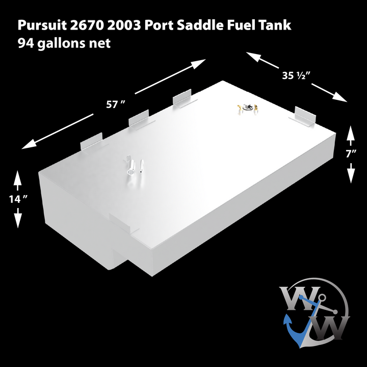 A 3D schematic of the Port Saddle Fuel Tank for a Pursuit 2670 (2003 model), shown against a black background. Text on the image identifies it as a 94-gallon net capacity tank. Dimension lines with arrows detail its measurements as 57 inches long by 35 ½ inches wide. The main body height is 14 inches, while a prominent step-down notch on the lower side has a height of 7 inches. The silver-colored tank has four mounting tabs on its top edge and various fittings. The 'WW' anchor logo for Welding World 