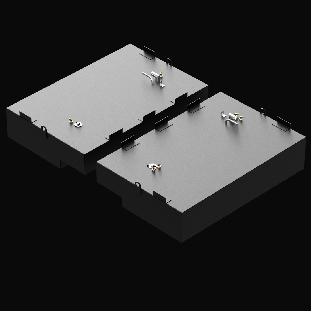 3D rendered image showing the top view of two grey Built to OEM Specs saddle fuel tanks for a Pursuit 2600 2001 boat. Each tank features mounting brackets, fittings, and fuel connections. The tanks have cutouts and lifting eyes, with the image set against a black background