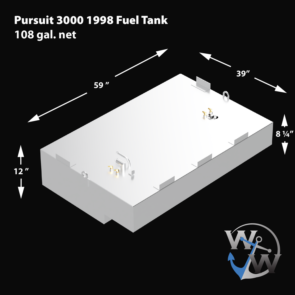 3D rendered image showing dimensions of the Pursuit 3000 1998 fuel tank with 108 gallons net capacity. The rectangular white tank is detailed with fittings and mounting brackets on top. Dimensions are labeled with arrows: 59 inches length, 39 inches width, 12 inches height on one side, and 8 1/4 inches height on the other side. The background is black with the Welding World logo partially visible in the lower right corner.