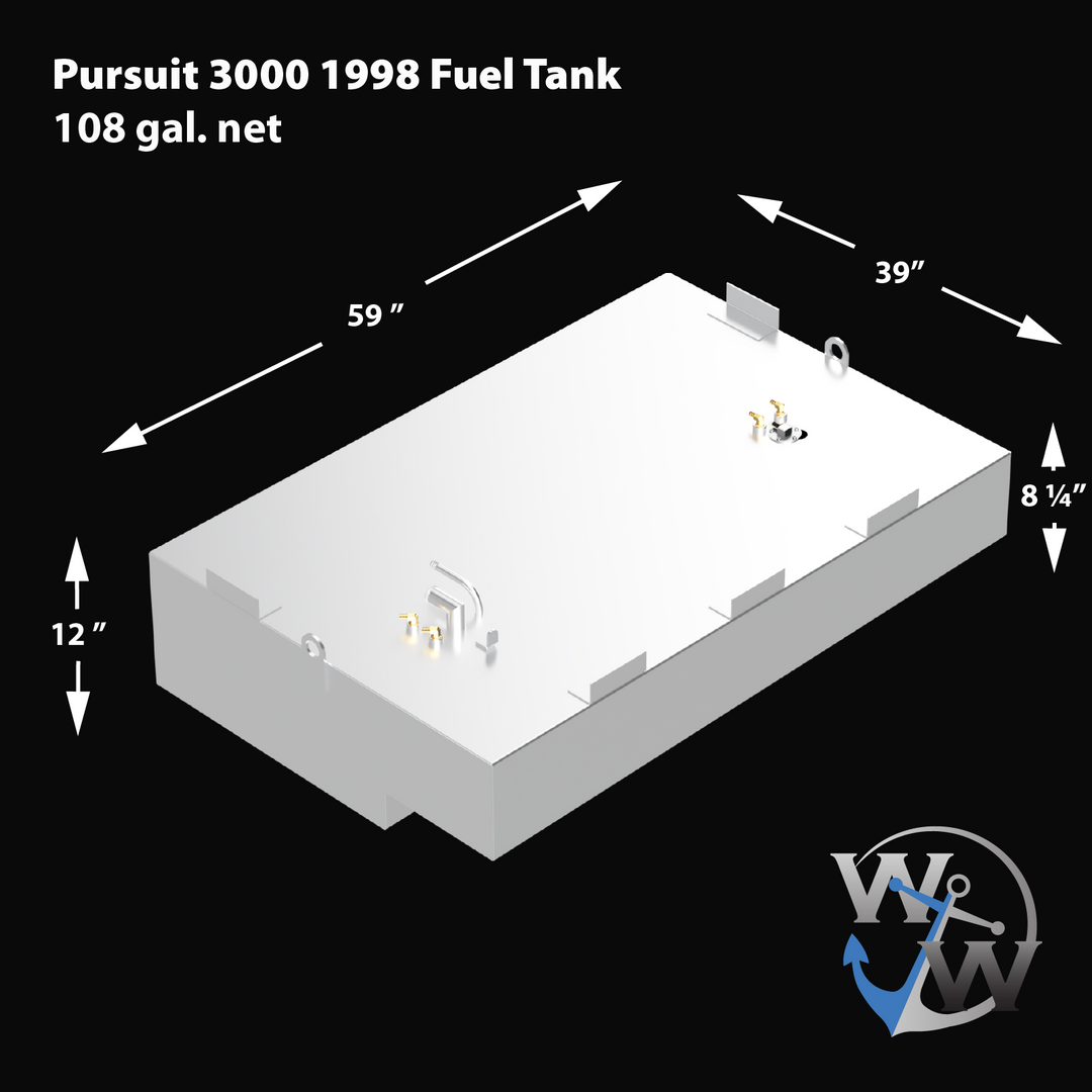 3D rendered image showing dimensions of the Pursuit 3000 1998 fuel tank with 108 gallons net capacity. The rectangular white tank is detailed with fittings and mounting brackets on top. Dimensions are labeled with arrows: 59 inches length, 39 inches width, 12 inches height on one side, and 8 1/4 inches height on the other side. The background is black with the Welding World logo partially visible in the lower right corner.