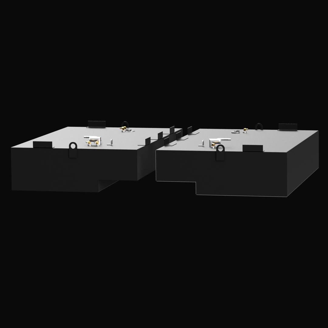 3D rendered image of a pair of black Built to OEM Specs saddle fuel tanks for a Pursuit 3000 1998 boat. Both tanks are rectangular with detailed fittings on top, multiple mounting brackets, and lifting eyes. The tanks have a notch cut out on the inner side to fit the saddle tank configuration. The background is solid black.