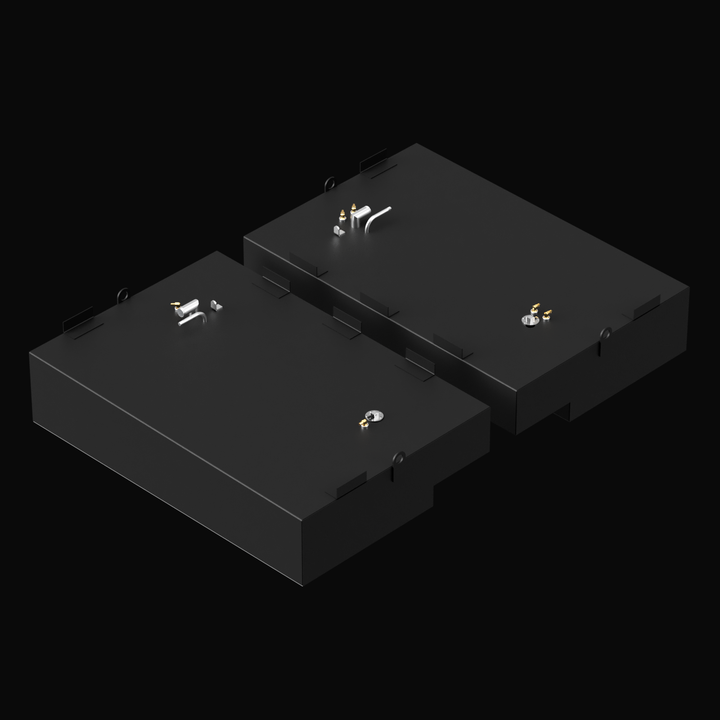 3D rendered image of two black Built to OEM Specs saddle fuel tanks for a Pursuit 3000 1998 boat. The tanks have rectangular shapes with fittings and mounting brackets on top. Both tanks have a notch cut on one side to fit the saddle tank setup. The background is solid black.