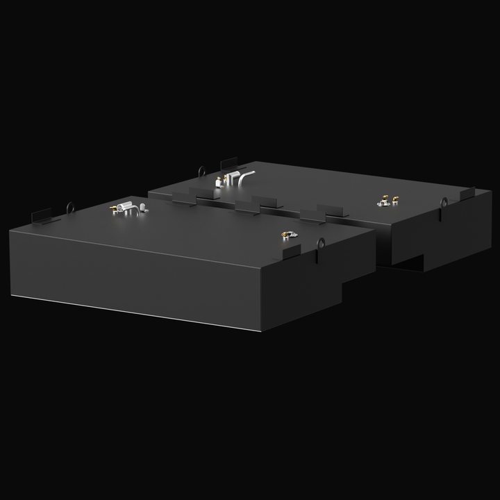 3D rendered image of two black Built to OEM Specs saddle fuel tanks for a Pursuit 2600 2001 boat. The tanks are rectangular with side mounting brackets and notched cutouts for fitting. Each tank has several metallic fittings and a fuel gauge on top. The background is solid black