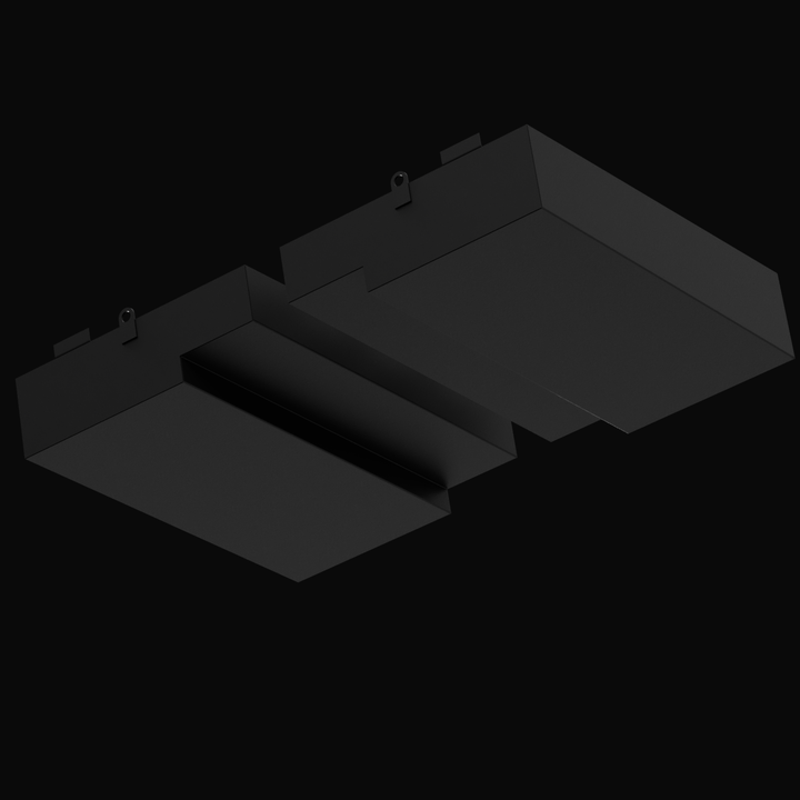 3D rendered image showing the bottom view of two black Built to OEM Specs saddle fuel tanks designed for a Pursuit 2600 2001 boat. The tanks feature notched cutouts for fitting and side mounting brackets. The background is solid black