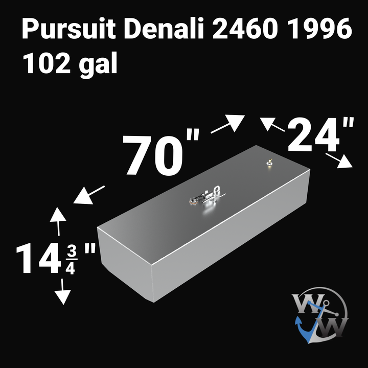 Dimensional layout of a 102-gallon Pursuit Denali 2460 (1996) fuel tank replacement. The image highlights the 70-inch length, 24-inch width, and 14.75-inch height measurements required for a guaranteed OEM fit. Featuring an upgraded heavy-duty 3/16" (.190") marine-grade aluminum construction and top-mounted fuel system ports for a seamless "drop-in" installation.