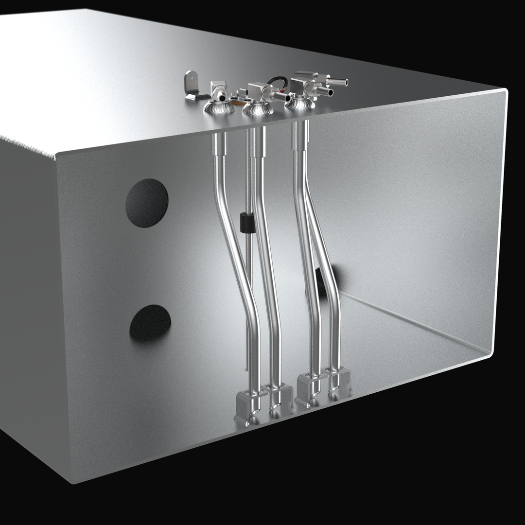 A technical cross-section 3D rendering of a rectangular marine aluminum fuel tank cutaway view, detailing a heavy-duty quad-plumbing internal architecture. The image focuses on the inner chamber of a flat-bottom central fuel cell fabricated from raw marine-grade 5052-H32 aluminum, highlighting a structural internal baffle plate with vertical flow-through holes. The complex internal assembly details four aluminum pickup tubes extending down to bottom-mounted anti-slosh foot brackets, which connect directly t