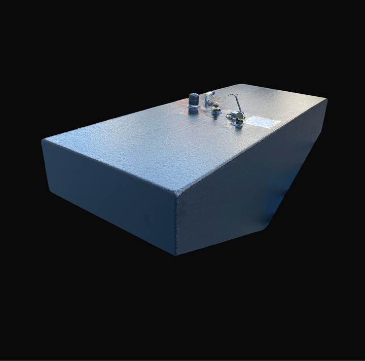 A high-angle isometric perspective view of a black Radiant Marine 20 1991 OEM replacement fuel tank from file image_3c6882.jpg, isolated against a black background. This dimensional overview showcases the tank's custom-engineered V-shaped bottom profile, meticulously fabricated by Welding World to sit flush within the center hull deadrise stringer grid. Constructed from heavy-gauge marine-grade 5052-H32 aluminum, the 45-gallon structural fuel cell is completely encapsulated in a textured, anti-corrosive bla