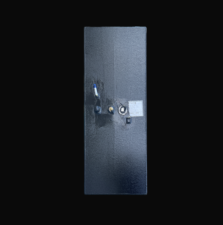 A top-down bird's-eye perspective view of the flat deck surface of a black Radiant Marine 20 1991 OEM replacement fuel tank from file image_46563f.jpg, isolated against a black background. This flat layout clearly showcases the centralized mechanical plumbing hardware configuration engineered by Welding World, featuring an angled aluminum tank vent line with a blue vinyl protective cap, a heavy-duty fuel fill neck capped with a protective black plug, a high-flow brass 90-degree fuel pickup elbow, a circular
