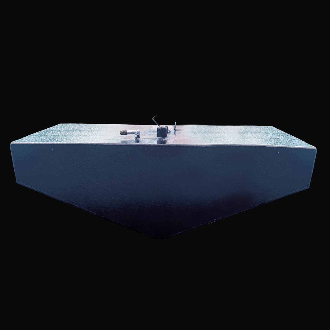 A straight, low-angle front-elevation view of a black Radiant Marine 20 1991 OEM replacement fuel tank from file image_3c651c.jpg, isolated against a black background. This dimensional end perspective prominently highlights the tank's unique V-shaped bottom deadrise profile, custom-engineered by Welding World to sit perfectly flush within the vessel's central hull stringer grid. Precision-fabricated from heavy-gauge marine-grade 5052-H32 aluminum, the 45-gallon structural fuel cell is fully encapsulated in 