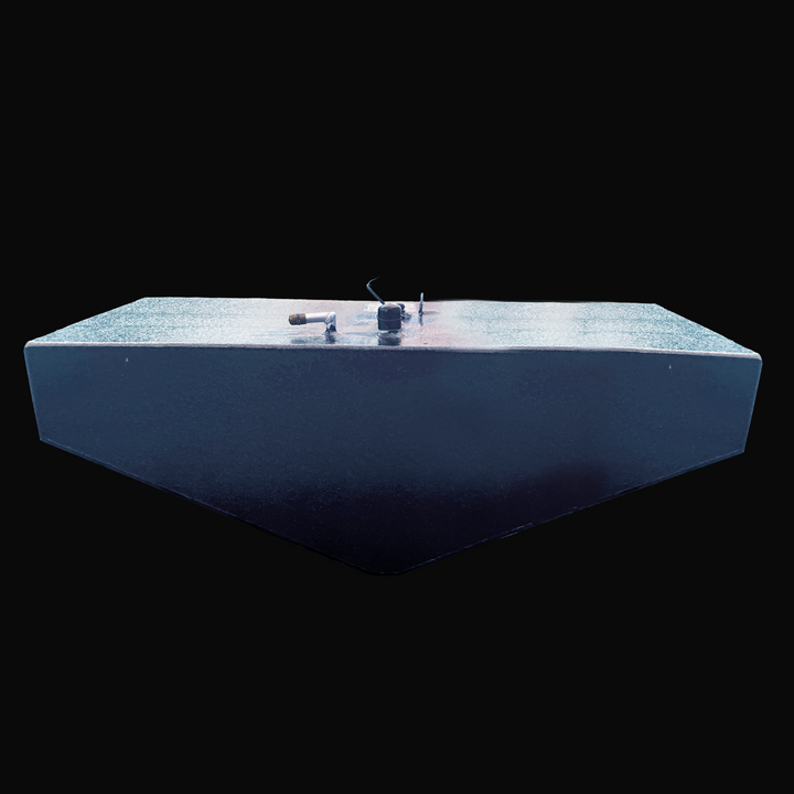 A straight, low-angle front-elevation view of a black Radiant Marine 20 1991 OEM replacement fuel tank from file image_3c651c.jpg, isolated against a black background. This dimensional end perspective prominently highlights the tank's unique V-shaped bottom deadrise profile, custom-engineered by Welding World to sit perfectly flush within the vessel's central hull stringer grid. Precision-fabricated from heavy-gauge marine-grade 5052-H32 aluminum, the 45-gallon structural fuel cell is fully encapsulated in 