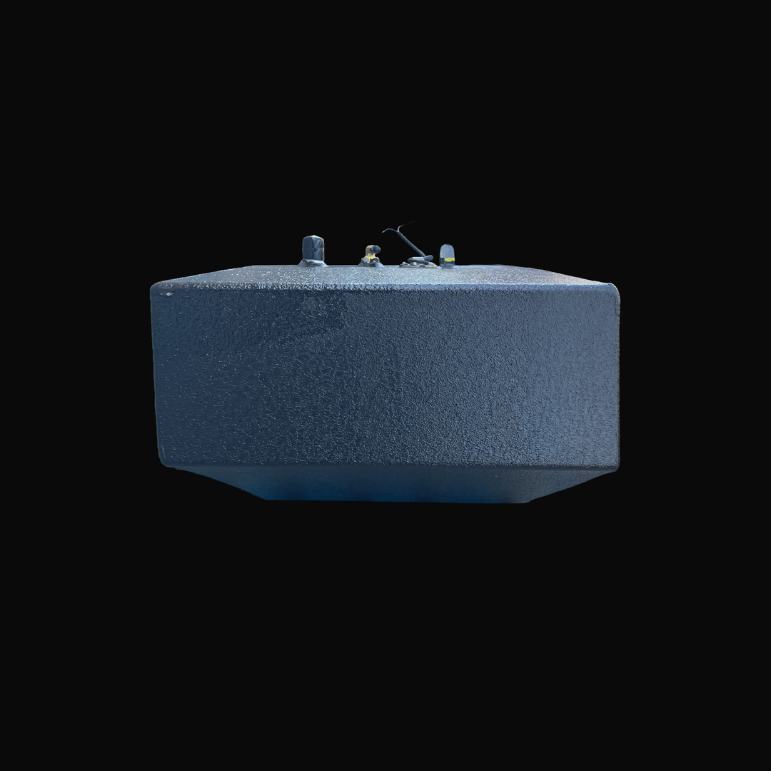A straight, front-elevation end view of a black Radiant Marine 20 replacement marine fuel tank from file image_465545.jpg, isolated against a black background. This dimensional perspective highlights the tank's wide, boxy upper cross-section and its integrated shallow V-shaped bottom profile, precision-engineered by Welding World to sit flush within the vessel's central hull stringer cavity. Precision-fabricated from heavy-gauge marine-grade 5052-H32 aluminum, the 45-gallon structural fluid cell is complete