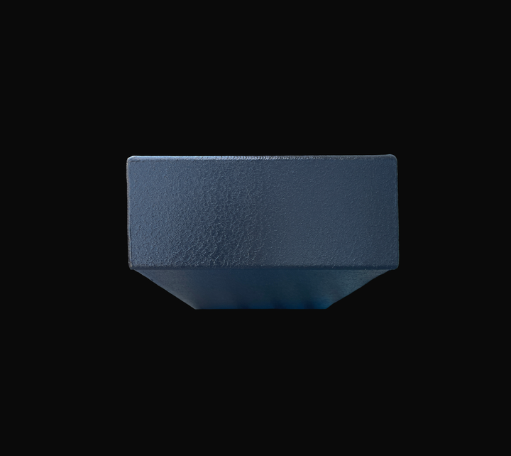 A straight, front-elevation end view of a black Radiant Marine 20 replacement marine fuel tank from file image_46558a.jpg, isolated against a black background. This dimensional perspective highlights the flat, smooth vertical end panel of the 45-gallon structural fluid cell, custom-engineered by Welding World to sit flush within the vessel's central hull stringer cavity. Precision-fabricated from heavy-gauge marine-grade 5052-H32 aluminum, the tank body is completely encapsulated in a textured, anti-corrosi