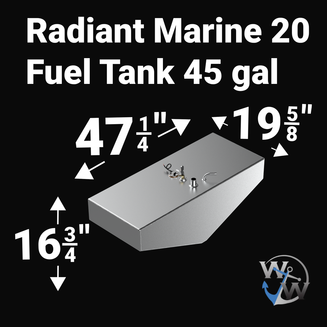 Dimensional technical diagram for a raw aluminum Radiant Marine 20 Fuel Tank 45 gal replacement from file image_3c68dd.jpg. The graphic displays precise technical engineering specifications with measurements of 47-1/4" length, 19-5/8" width, and 16-3/4" height, showcasing a specialized elongated belly tank design with a distinct V-shaped bottom profile engineered by Welding World to sit flush within the vessel's center hull deadrise stringer grid. The unsealed variant raw tank body features flawless structu