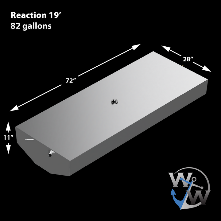 Diagram of a Reaction 19' 82-gallon fuel tank with dimensions: 72 inches long, 28 inches wide, and 11 inches high, featuring the logo