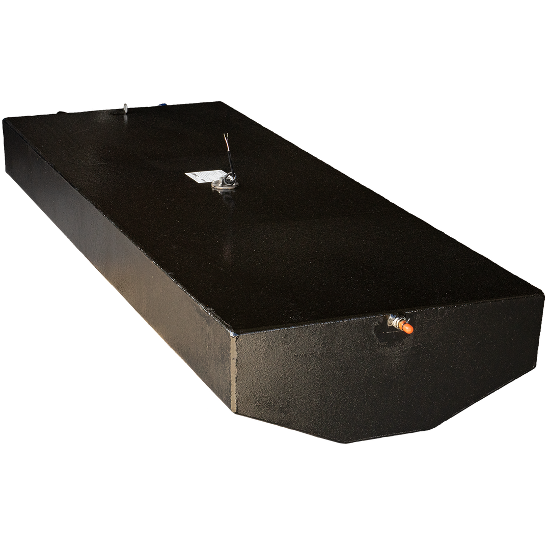 Black Reaction fuel tank with visible fittings, including a fuel line, set against a checkered background