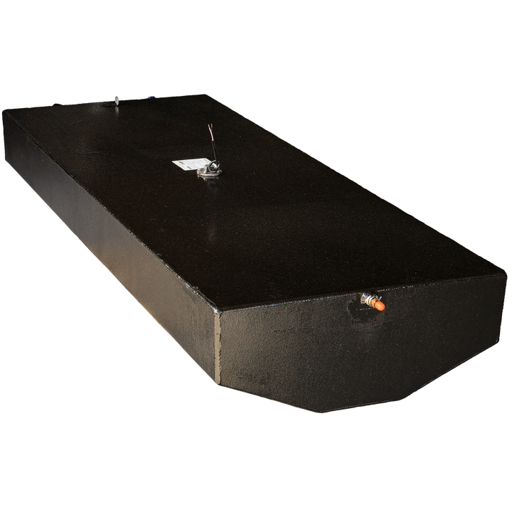 Black Reaction fuel tank with visible fittings, including a fuel line, set against a checkered background