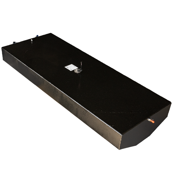 Reaction 19' fuel tank, black, featuring a rectangular shape with rounded edges and visible connection points on a checkered background