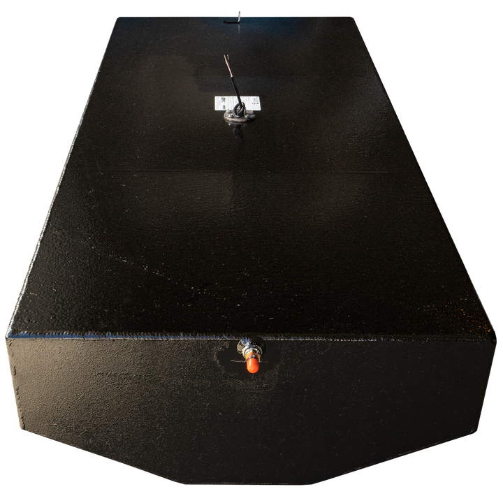 A top-down view of a black Reaction 19' fuel tank, showing a sending unit and fuel line on a checkered background