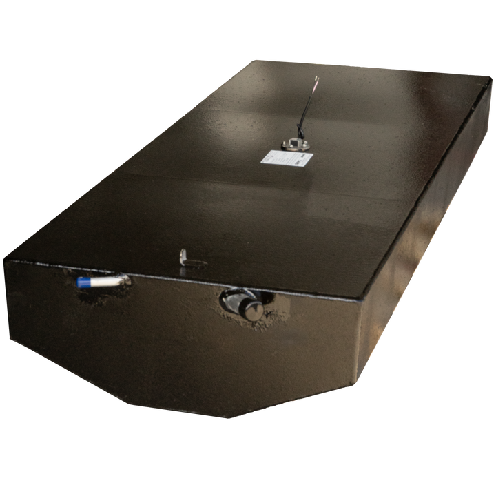 Black Reaction fuel tank showing the fuel line and sending unit against a checkered backdrop