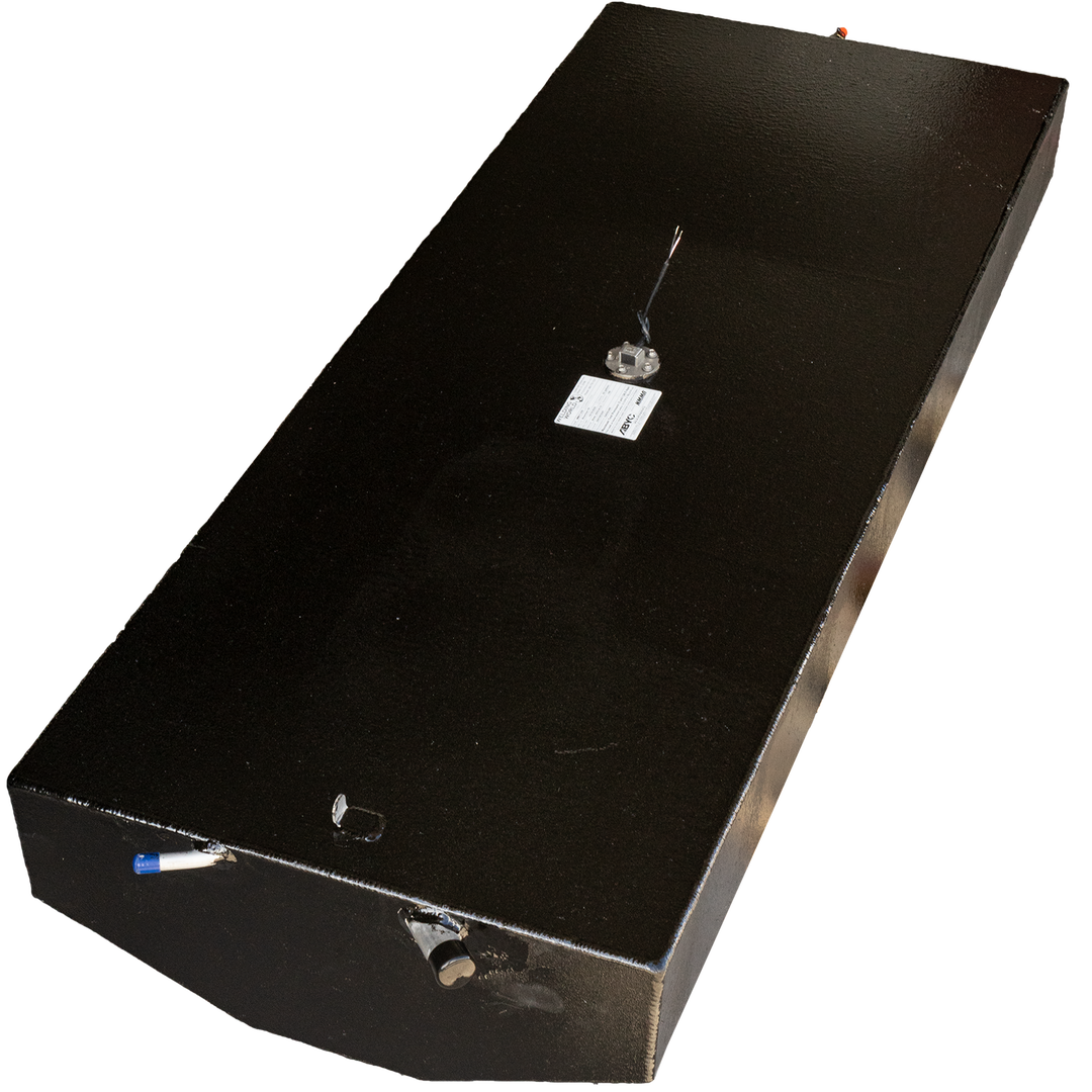 "Reaction 19' 82-gallon OEM replacement fuel tank, black rectangular container with various connections and a ABYC sticker