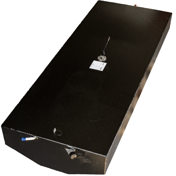 "Reaction 19' 82-gallon OEM replacement fuel tank, black rectangular container with various connections and a ABYC sticker